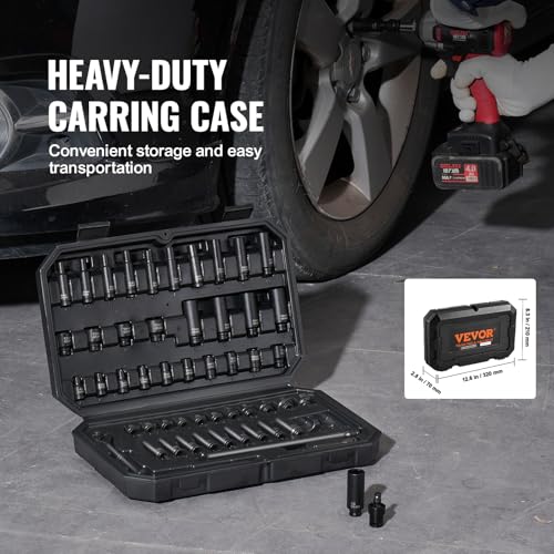 Image of VEVOR Impact Socket Set 1 /4 inch Drive, 55-Piece Deep & Shallow Socket Set Standard SAE (5 /32 to 9 /16 inch) & Metric (4 to 15 mm) Size, 6 Point, CR-V, Extension Bar, Universal Joint, Reducer