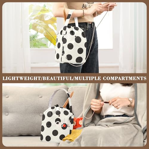 Image of Tatenale Crochet Bag Yarn Bag Knitting Project Bag with Pockets and Handle Portable Yarn Storage Organizer Tangle Free 8.3x11 Inch Black and White Polka Dots