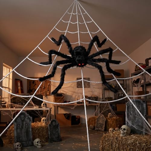 Image of Land Guard 236'' Big Spider Web Halloween Decor+70'' Huge Spider for Roof with Triangular Big Web for on House Outside and Inside