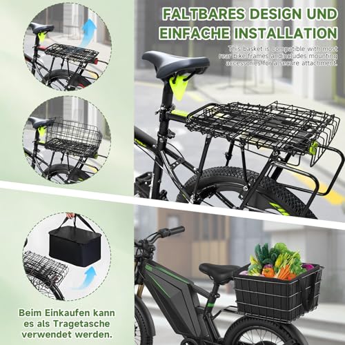 Fahrradkorb hinten abnehmbar, Gepäckträger-Korb faltbar, Fahrrad Korb Schulranzen hinten E-Bike groß, Bike-Basket mit Gepäcknetz, Regenschutz, Innenfutter & Reflektoren, Hundekorb Fahrrad, Schwarz