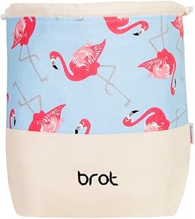 Slowroom Bread Bag Cotton 3 in 1 for Keeping Fresh Serving Shopping Breathable and Decorative in Light Blue / Beige with Flamingos 32 x 35 cm