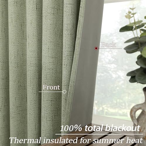 Image of Sage Green Linen Blackout Curtains for Bedroom 84 Inch Long Black Out Pleated Thermal Darkening Light Blocking Boho Farmhouse Cottage Core Soundproof Sound Proof Curtains for Office Window Living Room