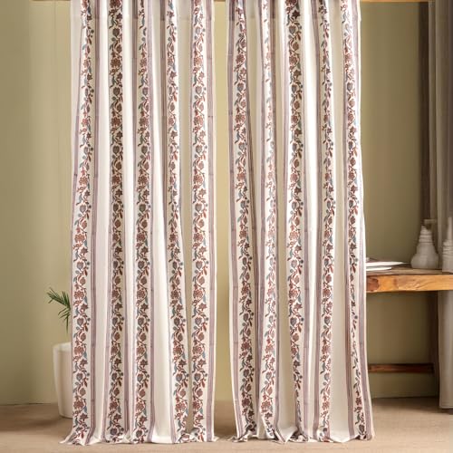 Image of Peepul Tree Handprinted Sheer Cotton Door Curtains in Striped Offwhite, Navy & Maroon | 7 Feet | Pack of 2 | Mulmul /Voile Fabric | Back Loop Curtains | 30-40% Light Filtering | Breathable Drapes