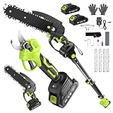 Cordless Pole Pruning Shears & Chain Saw Set, 6.4Ft Extension Pole 2*4.0 mAh Battery Rechargeable 550W Pure Copper Motor Handheld Chain Saw Trimmer for High & Low Tree Branch Cutting Trimming Prunin