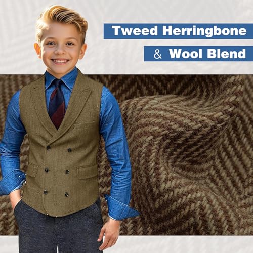 Boy's Herringbone Tweed Suit Double Breasted Slim Fit Vest Wool Blend Prom Waistcoat Wedding2