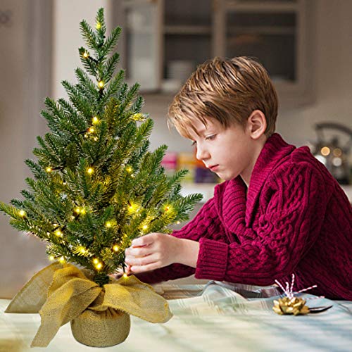 Juegoal 24Inch Pre-Lit Christmas Pine Tree, With 50 Warm White Fairy Lights Tabletop Artificial Tree, Small Light Up Pine Tree With Burlap Wooden Base For Xmas, Spring Home Decorations #TOP1