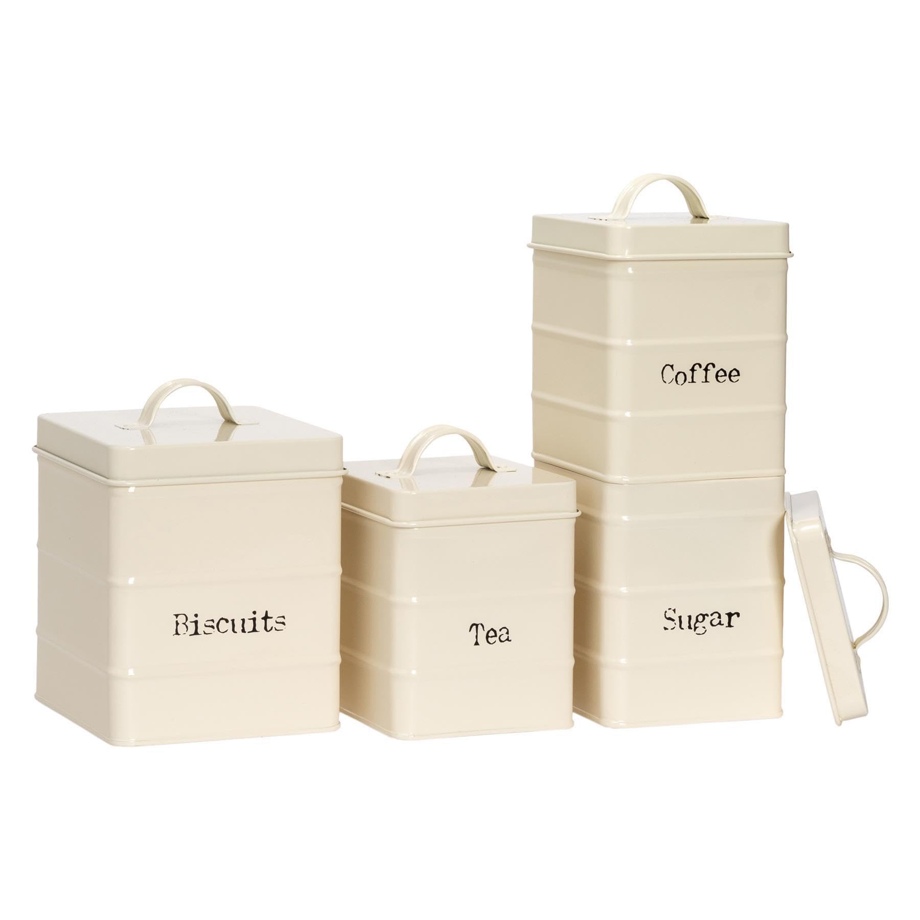 Harbour Housewares Vintage Metal Kitchen Storage Food Canister Set - Cream