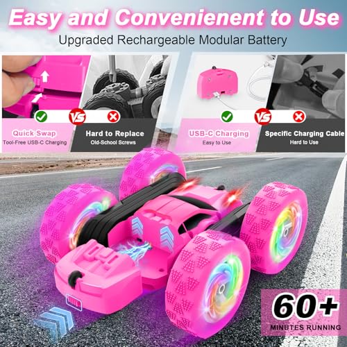 Image of Remote Control Car, RC Cars for Girls, 2.4 GHz Double Sided RC Crawler with Upgraded USB-C Modular Battery, 360Rotating Car Toys for 6 7 8 9 10 11 12 Year Old Girl Birthday Gift Rose