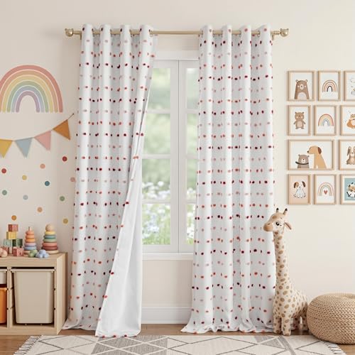 Image of Kids Blackout Curtains for Girls Bedroom,Pom Pom Curtains 50x95 in | 100% Blackout Light Blocking Drapes,Nursery Curtains,Room Darkening,Thermal Insulated Grommet Drape,Red,Cute,2 Panels Set