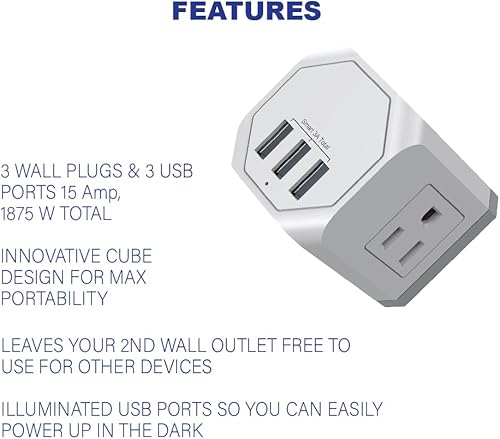 Miniatura 6 de Tech2 - Regleta protectora de sobretensiones de tres lados con 9 tomas de corriente y 2 puertos USB, base giratoria diseño compacto cabe en 1 toma
