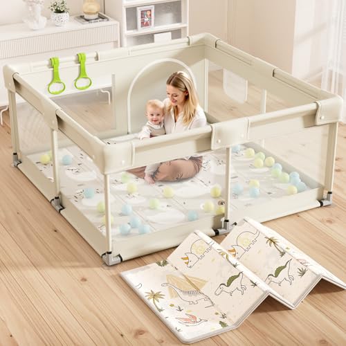 Lertantri 120x120cm Box Bambini con Materassino, Beige Recinto per Bambini, Box Bambini per Appartamento, Recinto Neonato con Rete Traspirante Sui Quattro Lati e Ventose, Petit Parc Bebe