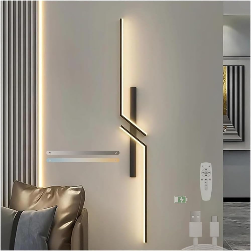HCZKIUJY Dimmable Modern Wall Sconce with Remote Control & USB Rechargeable Battery, Aluminum Linear Indoor Lighting for Living Room, Office, Bedroom (Black-80cm)