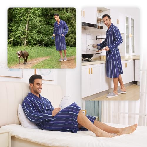 Image of FashGudim Mens Buffalo Plaid Cotton Robe Lightweight Bathrobe Shawl Collar Kimono Sleepwear Loungewear House Robes