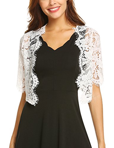 Dealwell Women Short Sleeve Floral Lace Shrug Bolero Cardigan Crochet Sheer Crop Jacket (White, X-Large)