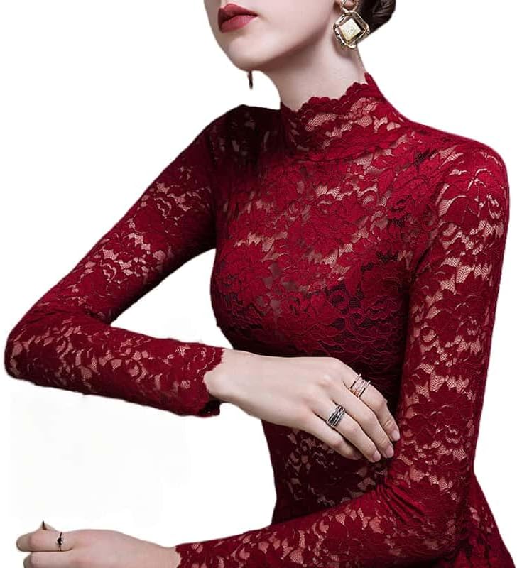Women's Sexy Slim Fitting Long Sleeved Turtleneck Pullover Bottom Shirt Mesh Lace Perspectives T-Shirt Top - Image 6