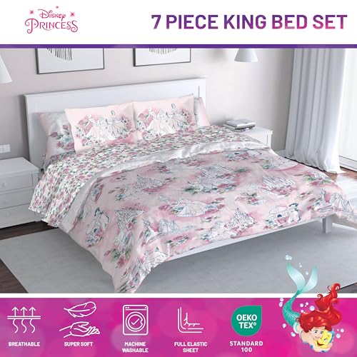 Image of Disney Princess King Comforter Set 7 Piece Floral Bedding for Girls, Pink | Cinderella Rapunzel Belle, Comforter Sheets Shams Pillowcases, Official Product, Microfiber, Machine Washable, Girls Gift