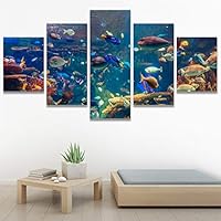 SIGNWIN 5 Panel Canvas Wall Art Modern Art Dramatic Fish Jellyfish Marine Life Multicolor Nautical Photography for Home Decorations Ready to Hang - 60