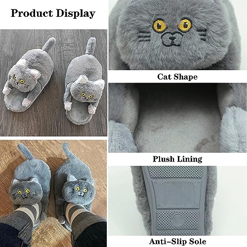 Jfxgjuv Cat Slippers for Men & Women, Plush, Novelty, Kawaii, Fuzzy, Warm, House Shoes, Winter, Indoor & Outdoor, Gray, One Size Fits US 5.5-10 5