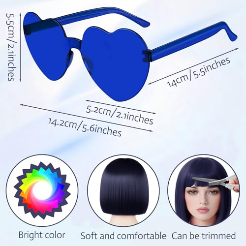 Image of MEEZY Navy Blue Short Bob Wigs Straight Hair with Flat Bangs Heart Sunglasses for Women, Colorful Funny Cosplay Party Neon Wig Synthetic Natural As Real Carnival Halloween Costume