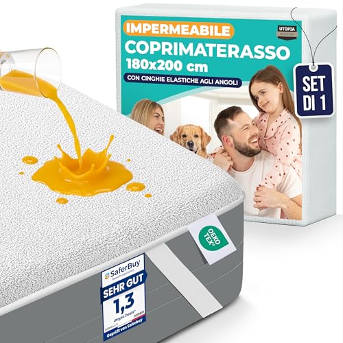 Utopia Bedding Coprimaterasso Matrimoniale Impermeabile 180 x 200 cm, 4 Angoli Elasticizzati, Certificato OEKO-TEX, Proteggi Materasso, Traspirante, Lavabile
