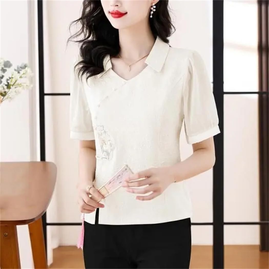Chemisier en mousseline de soie boutonnée à manches courtes pour femme Style national d'été brodé Top