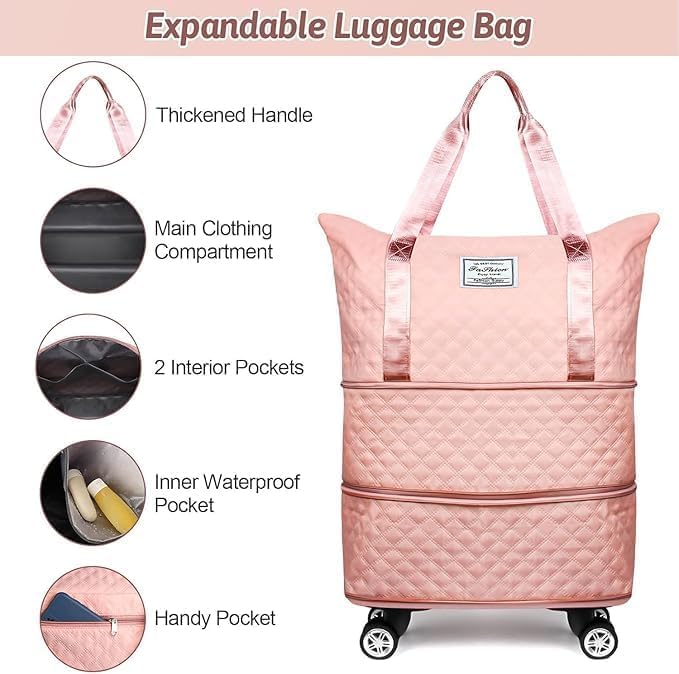 Image of HAKKU 2 Layer Nylon Duffle Trolley Bag for Traveling /Extendable Luggage with 4 Wheels /Waterproof Travel Bag /Convertible Luggages for Men and Women /Travelling Bags (Texture with Wheel, Peach)