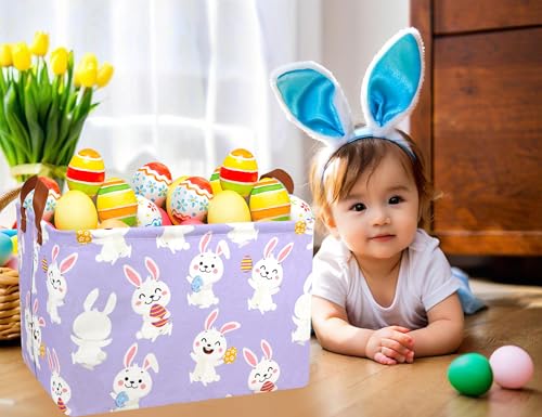 Image of Rectangle Empty Easter Baskets Boy Large Toy Storage Bin Girls collapsible Hamper Waterproof Canvas Box Kid Gifts Spring Decor( Laugh Rabbit Egg )