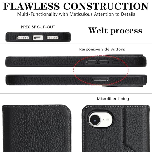 Image of Detachable Genuine Leather Case for iPhone 16e / iPhone 17e Wallet Case Magnetic 2in1 Removable Flip Cover Book Purse Compatible with Magsafe Charging Kickstand Card Holder-Black