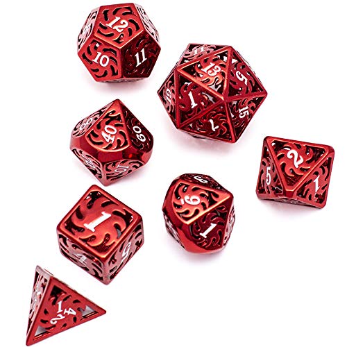 DND Metal Dice Set 7pcs Dungeon Dragon Dice, Punk Style RPG Games Math Teaching DND Dice, Metal dice Set d&d (Red) - Red