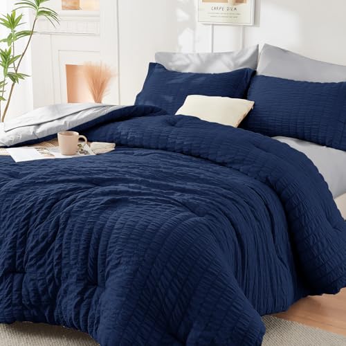 Image of HYMOKEGE Navy Blue /Light Grey Full Size Comforter Sets Seersucker 7 Pieces, All Season Luxury Bed in a Bag for Bedroom, Bedding Set with Comforter, Sheets, Pillowcases & Shams