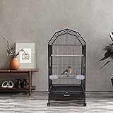 Large 18"x18"x40" Bird Cage with Stand & Wheels - 360° View Flight Cage for Conure, Canary, Parakeet, Black Metal Aviary with Skylight & Removable Tray