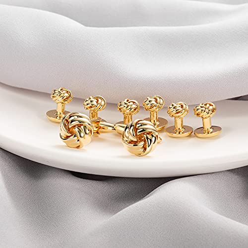 HAWSON Knot Cufflinks and Shirt Studs for Men in Gold or Silver Tone, Matching with White and Black Tuxedo, Suitable for Wedding Day or Formal Occasion.2