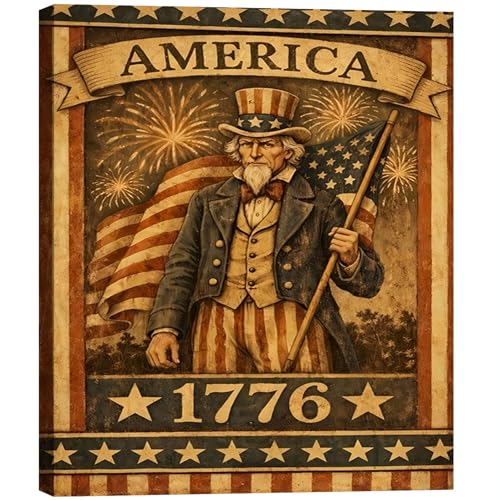 Image of Made in USA Vintage Patriotic Uncle Sam 1776 Wall Art, American Flag Canvas Prints, 4th of July Independence Day Decor for Living Room, Bedroom, Kitchen & Holiday, Framed