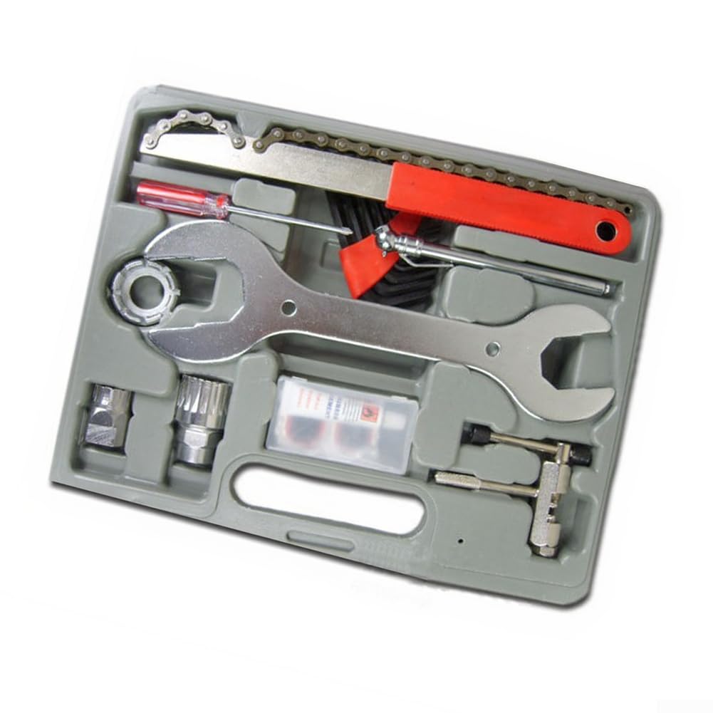 Kit di attrezzi per la riparazione di biciclette, set funzionale per regolazioni dei freni dei pneumatici della bicicletta, scatola portaoggetti compatta e portatile, struttura in ferro, grigio