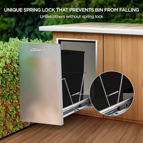 boldworks Outdoor Kitchen Drawers Big Outdoor Built in Garbage Can 13.6 x 26 x 19.3 Inch Pull Out Trash Drawer with Spring Lock to Store Up to 10 Gallon Trash Can for BBQ Island Grill Station