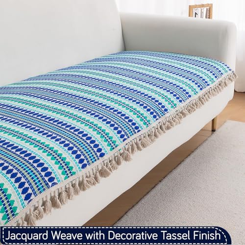 Image of HOKIPO 'Artisan Boho Series' L Shape (2+2 Seater) Seat Mat for Sofa | Thick 450 GSM Cotton Acrylic Jacquard Fabric Cover with Tassel, Royal Blue (NEW-IN-902+903-A2)