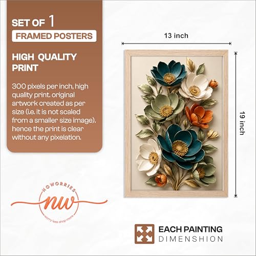 Image of NoWorries 3D Floral Wall Painting with Frame Set of 1 | Premium Textured Teal White Orange Flower Artwork, Luxury Botanical Nature Wall Decor for Living Room, Bedroom, Office and Home Decoration (3d Art-3,13x19inch)