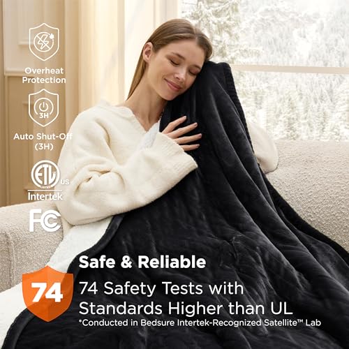 Image of Bedsure Heated Blanket Throw Blanket - Fast Heating Electric Blanket, Soft Flannel Heated Throw with 4 Time Settings, 6 Heating Settings, Warm Gifts for Grandma Grandpa (50x60 inches, Black)