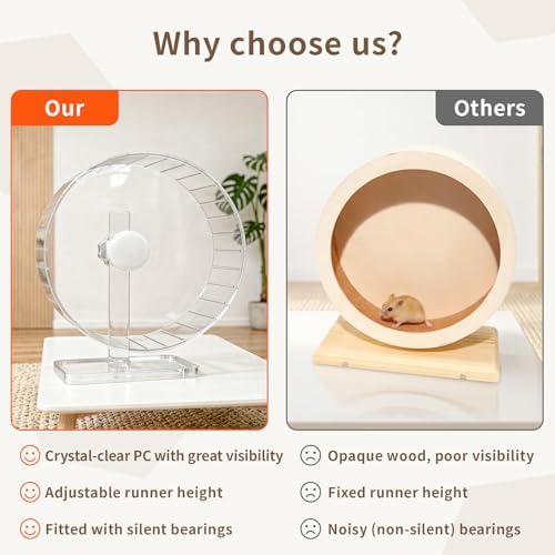 Ruexue 27cm (11 Inch) Silent Hamster Wheel - Large Clear Running Wheel with Adjustable Stand - Quiet Spinning Exercise Wheel for Syrian Hamsters, Gerbils, Hedgehogs and Small Animals, Transparent - 5