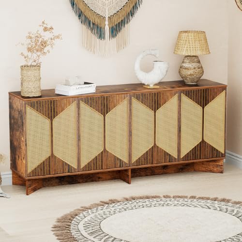 Allstand FAST0098ABLUSY Sideboard Buffet Cabinet With Storage, 70'' Large Modern Boho Rattan Buffet Sideboard Cabinets thumb #6