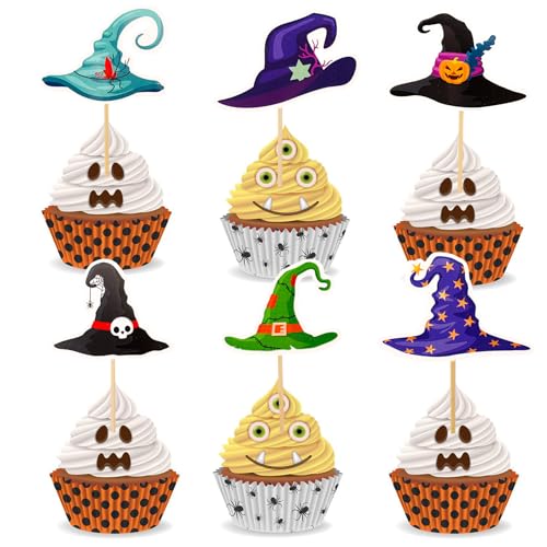 Gleevio 24 Stück Hexen Tortendeko Halloween Deko Torte 6 Stile Halloween Cupcake Deko Hexenhüte Muffin Dekoration Geburtstag Tortendeko Hexen Hexenhüte Kuchendeko Halloweenparty Dekoration