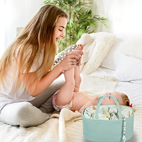 Image of XUANGUO Large Cotton Rope Baby Diaper Caddy Organizer Basket Light Green | Nursery Storage Bin, Portable Baby Tote Bag for Changing Table or Car, Baby Shower Gifts Bag, Newborn Essentials, Registry