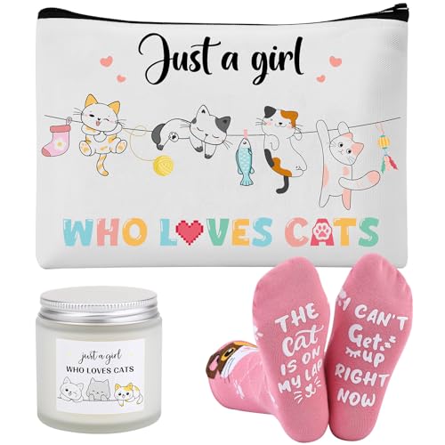 ViEinkaufen Cat Gifts for Women Girls Cat Lovers Makeup Bag Scent Candles and Socks Birthday Gifts for Mum Auntie Sisters Daughter Best Friend Teacher
