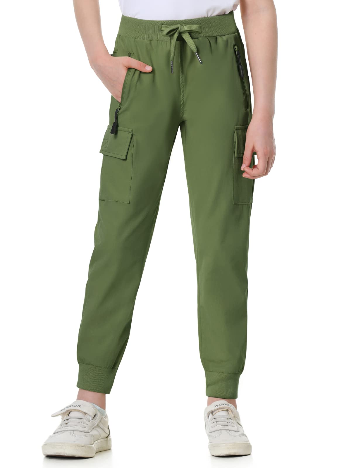 EXARUS Girls Joggers Cargo Pants Teen Hiking Golf Slim Fit Woven Green 10Y