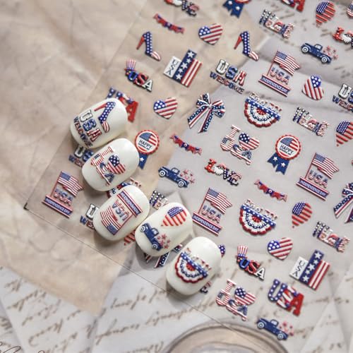 Image of Red Blue Nail Atickers American Flag Nail Art Stickers 5D Embossed Self Adhesive Patriotic Nail Decals with Design for Women Girls Kid Maniucre DIY Decoration Accessories