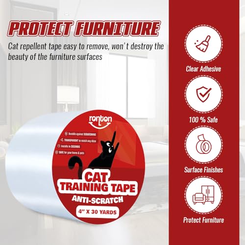 Ronton Anti Cat Scratch Deterrent Tape, 4\" x 30 Yards Roll Anti Cat Scratch for Furniture | 100% Transparent - Double Sided Cat Training Tape| Couch, Door, Furniture Protector - Thumbnail 3