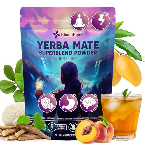 Yerba Mate Instant Tea Powder – Yerba Mate, Ashwagandha, Lion’s Mane, Chlorophyll, Peach Mango Flavor – 4.23 oz (11 Servings) – Sugar-Free, Gluten-Free, Superfood Energy & Focus Blend