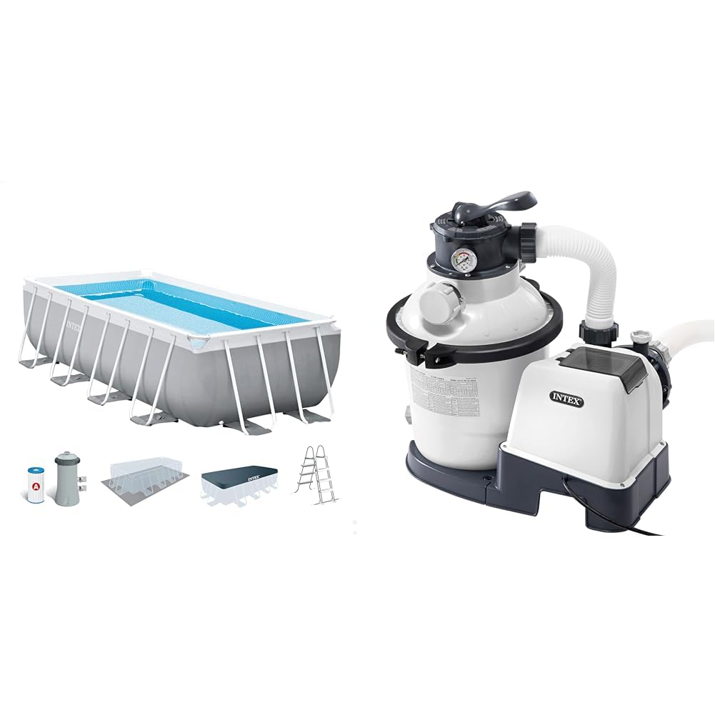 Intex 26792NP – Piscina Fuori Terra Prisma Frame Rettangolare, Pompa Filtro 3785 L/h & 26644 – Pompa Filtro a Sabbia Krystal Clear, Flusso d'Acqua 5700 L/h, Flusso di Sistema 4000 L
