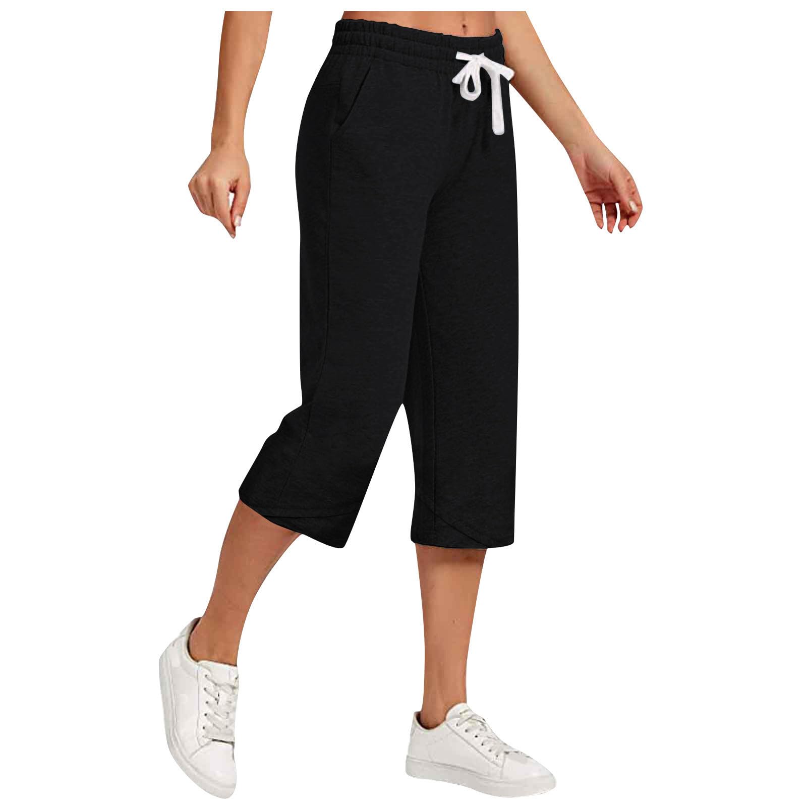 Capri Pants for Women Fall Linen Wide Leg Pants High Waisted Drawstring Capris Pant Lightweight Elastic Cropped Trousers