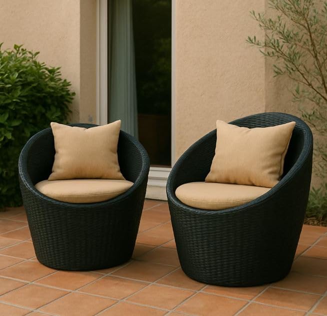 Image of India 2+1 Apple Patio Chair & Table Set with Cushion for Indoor Outdoor Seating Garden Balcony Patio Porch Lawn Living Room Coffee Furniture Set (Black and Cream Cushion)